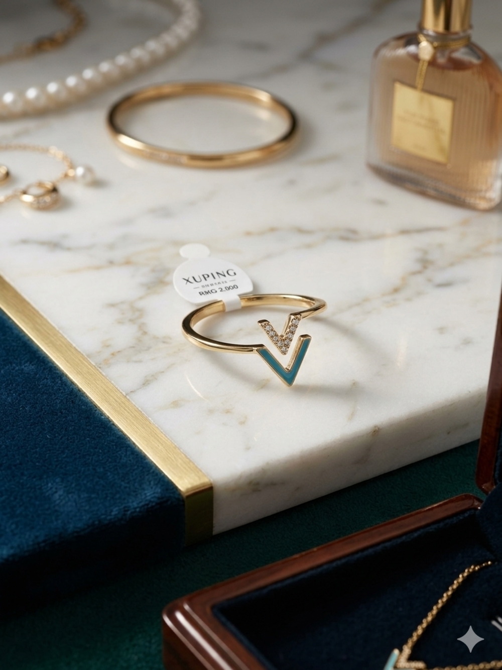 Ping Gold Ring with Teal Enamel and Crystal V Accents